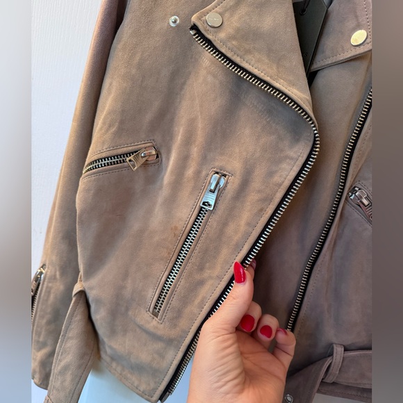 All Saints Dove Grey Suede Leathered Biker Jacket Size 4 NWT - Picture 2 of 2